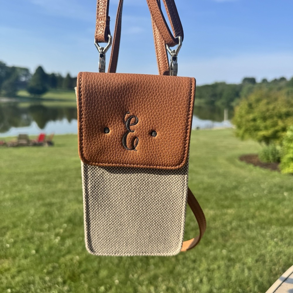 Thirty-One Call Me Crossbody Bag Two Tone Weave Phone Purse Embroidered "E" 31